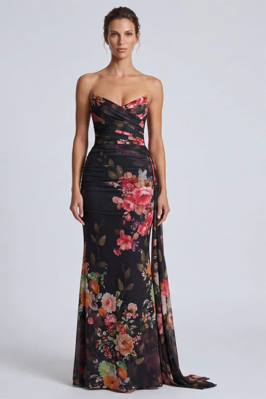 Black Strapless Mermaid Ruched Floral Long Formal Dress with Sash made by Zapaka