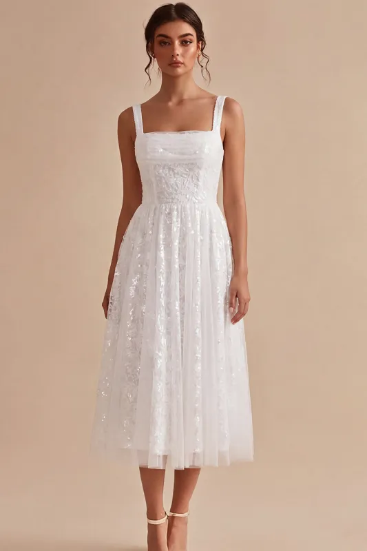 A-Line White Square Neck Floral Midi Engagement Dress made by Zapaka