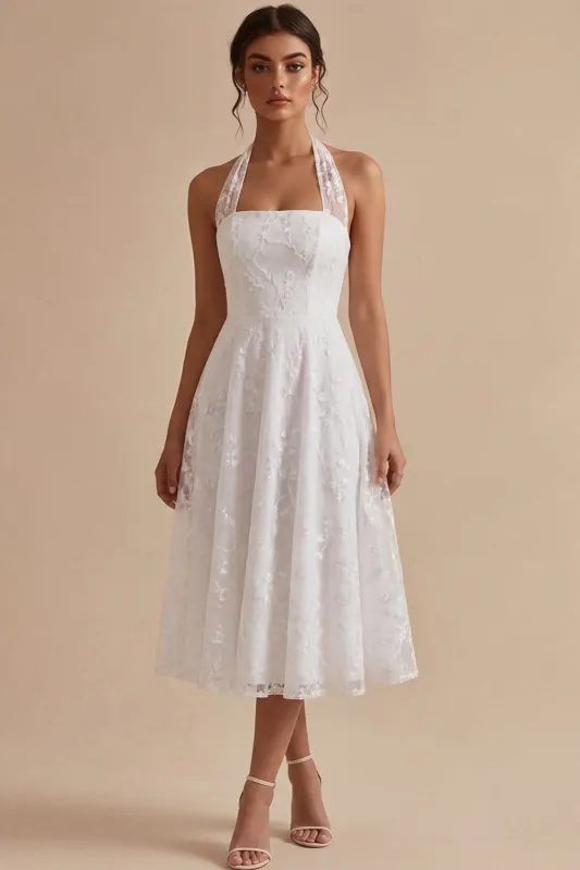 A-Line White Flower Halter Neck Midi Engagement Dress with Lace made by Zapaka