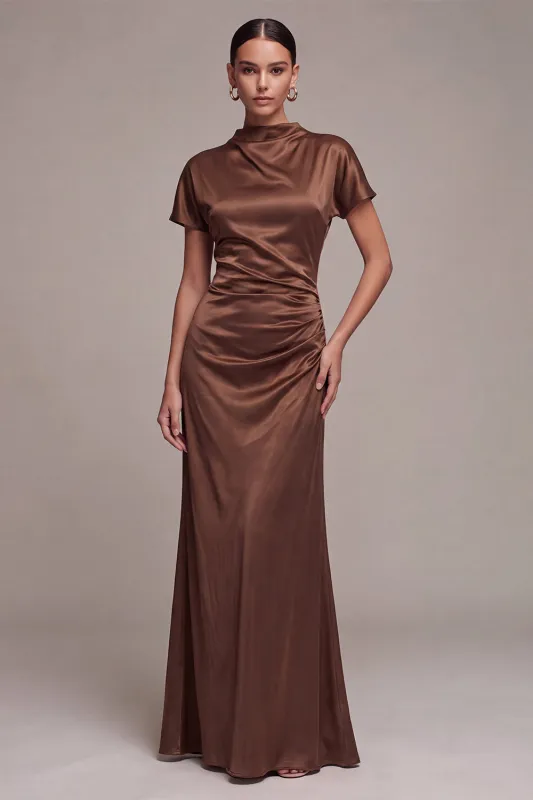 Satin Coffee High Neck Mermaid Long Formal Dress with Short Sleeves made by Zapaka