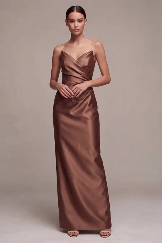 Coffee Strapless Ruched Sheath Satin Long Formal Dress with Slit made by Zapaka