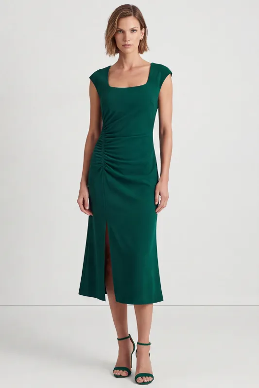 Dark Green Square Neck Ruched Cap Sleeves Midi Work Dress with Slit made by Zapaka