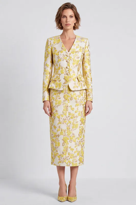 Light Yellow V-Neck Bodycon Floral Single Breasted Midi Work Dress with Slit made by Zapaka