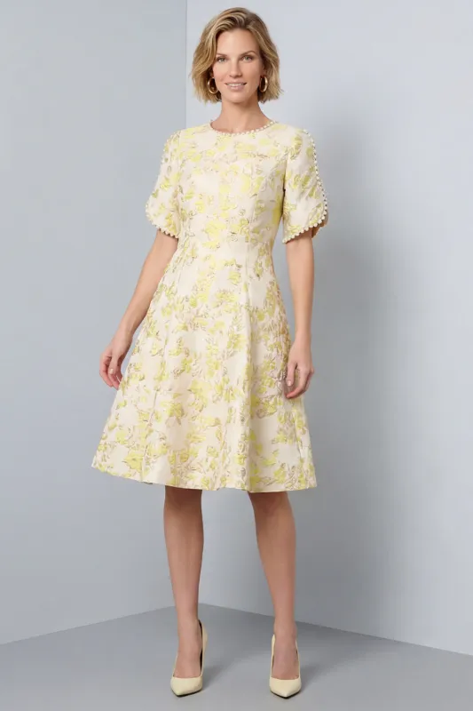 A-Line Light Yellow Round Neck Floral Midi Work Dress made by Zapaka