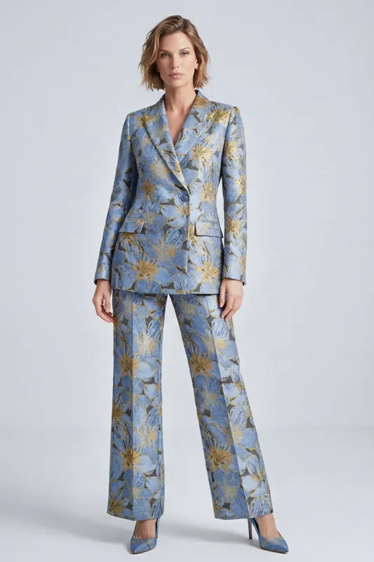 2 Piece Dusty Blue Single Breasted Peak Lapel Floral Prom Suits made by Zapaka