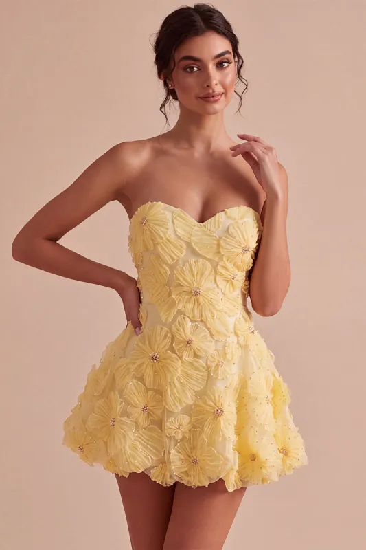 Yellow Sweetheart A-Line Beaded Pearls Floral Homecoming Dress with Ruffles made by Zapaka