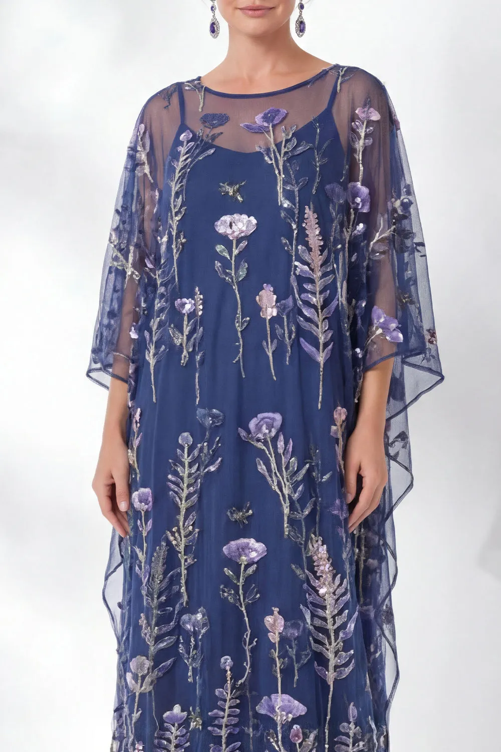 Navy Sheath Floral Round Neck Embroidered Mother Of the Bride Dress sold by Zapaka product image thumbnail 3