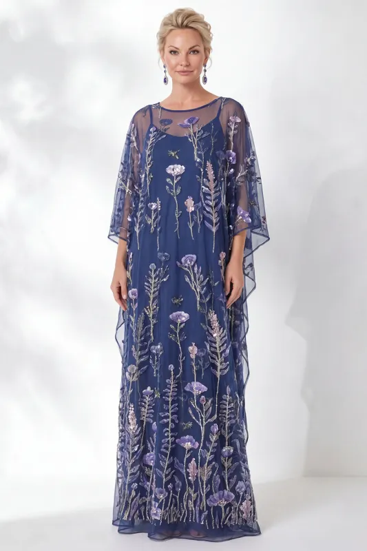 Navy Sheath Floral Round Neck Embroidered Mother Of the Bride Dress made by Zapaka
