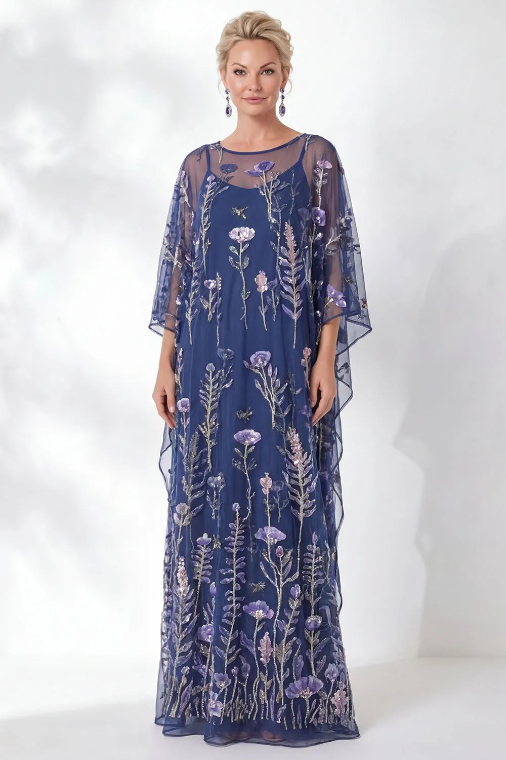 Navy Sheath Floral Round Neck Embroidered Mother Of the Bride Dress sold by Zapaka