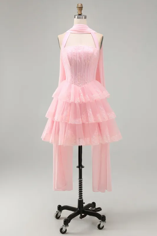 Pink Strapless A-Line Corset Tiered Ruffled Short Homecoming Dress made by Zapaka