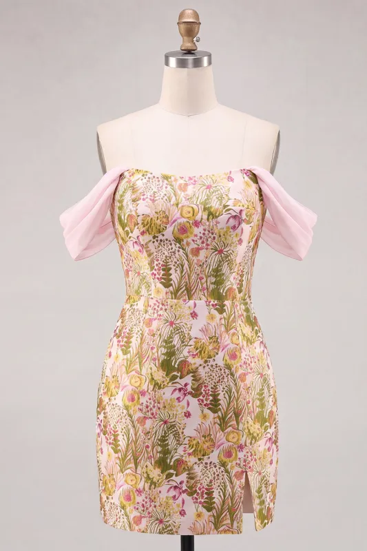 Pink Flower Off the Shoulder Bodycon Short Homecoming Dress made by Zapaka