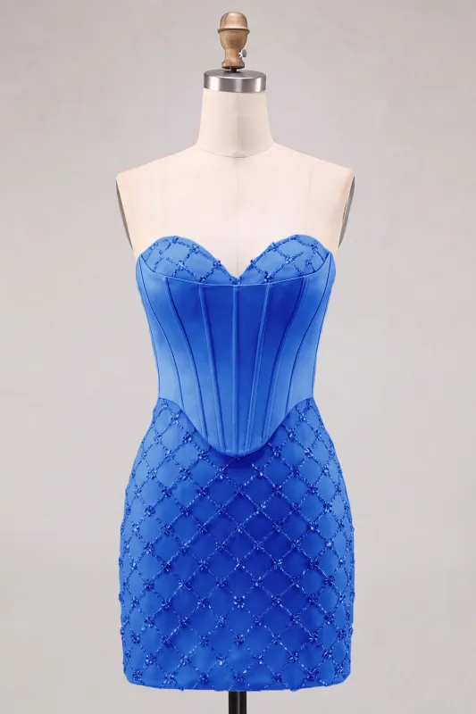 Sweetheart Blue Corset Bodycon Beaded Short Homecoming Dress made by Zapaka