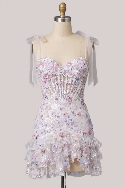 Lilac Bodycon Sequins Tiered Ruffled Corset Short Homecoming Dress made by Zapaka