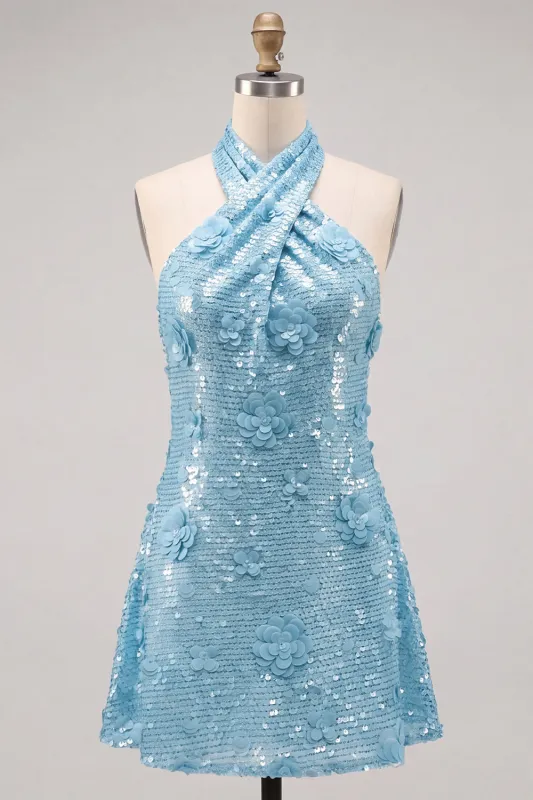 Blue Halter Neck A-Line Floral Short Homecoming Dress with Sequins made by Zapaka