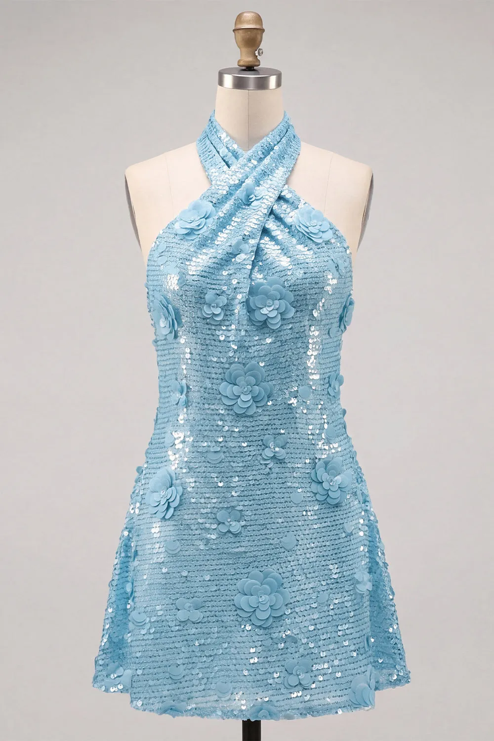 Blue Halter Neck A-Line Floral Short Homecoming Dress with Sequins sold by Zapaka