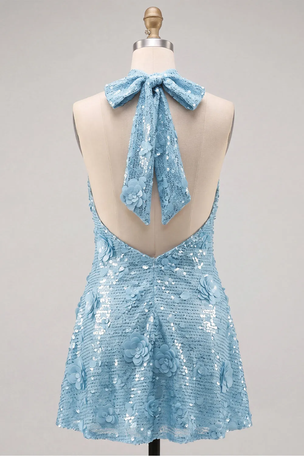 Blue Halter Neck A-Line Floral Short Homecoming Dress with Sequins sold by Zapaka product image thumbnail 2