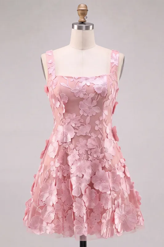 A-Line Square Neck Floral Pink Short Homecoming Dress with Appliques made by Zapaka