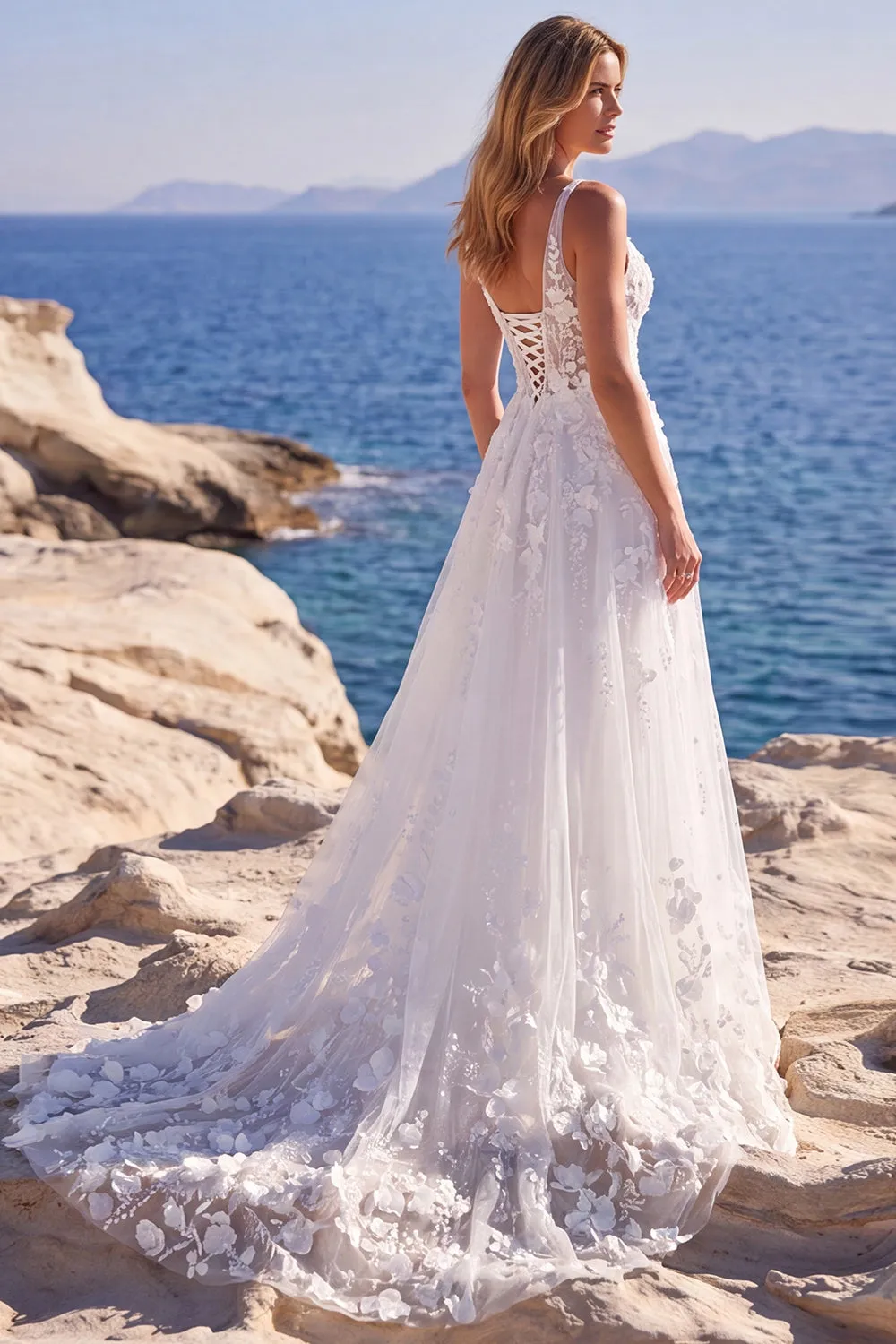 White Tulle A-Line Appliqued Floral Corset Long Wedding Dress sold by Zapaka product image thumbnail 3