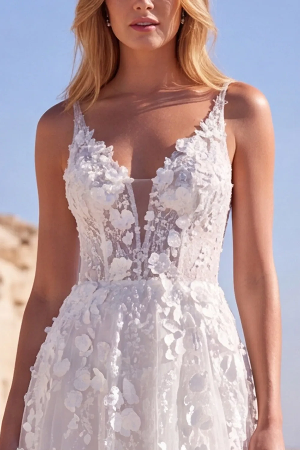 White Tulle A-Line Appliqued Floral Corset Long Wedding Dress sold by Zapaka product image thumbnail 4