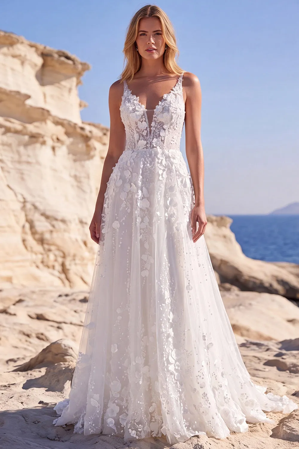 White Tulle A-Line Appliqued Floral Corset Long Wedding Dress sold by Zapaka