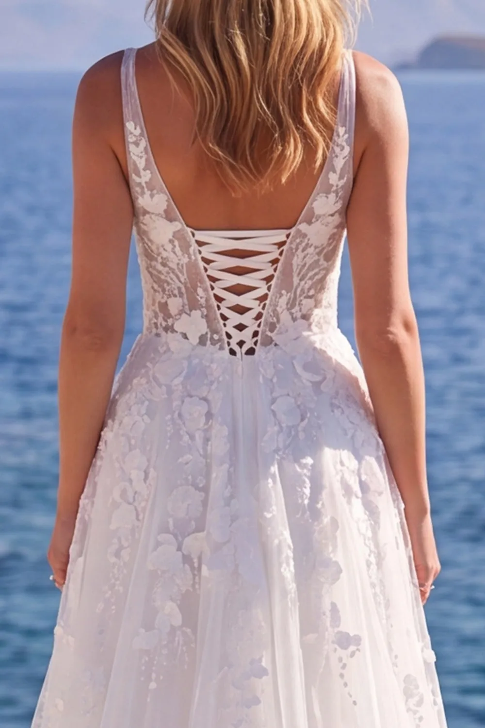 White Tulle A-Line Appliqued Floral Corset Long Wedding Dress sold by Zapaka product image thumbnail 5