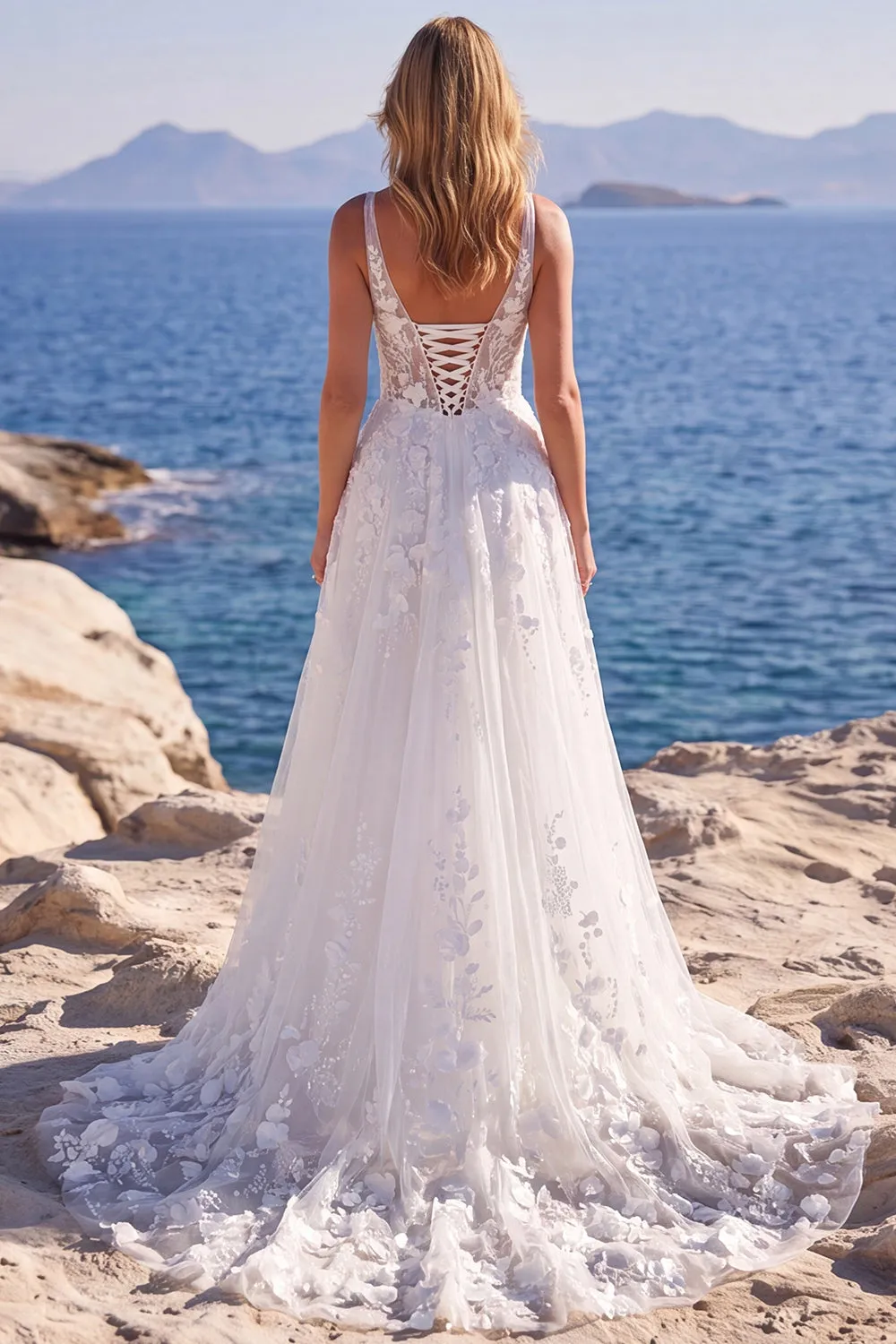 White Tulle A-Line Appliqued Floral Corset Long Wedding Dress sold by Zapaka product image thumbnail 2
