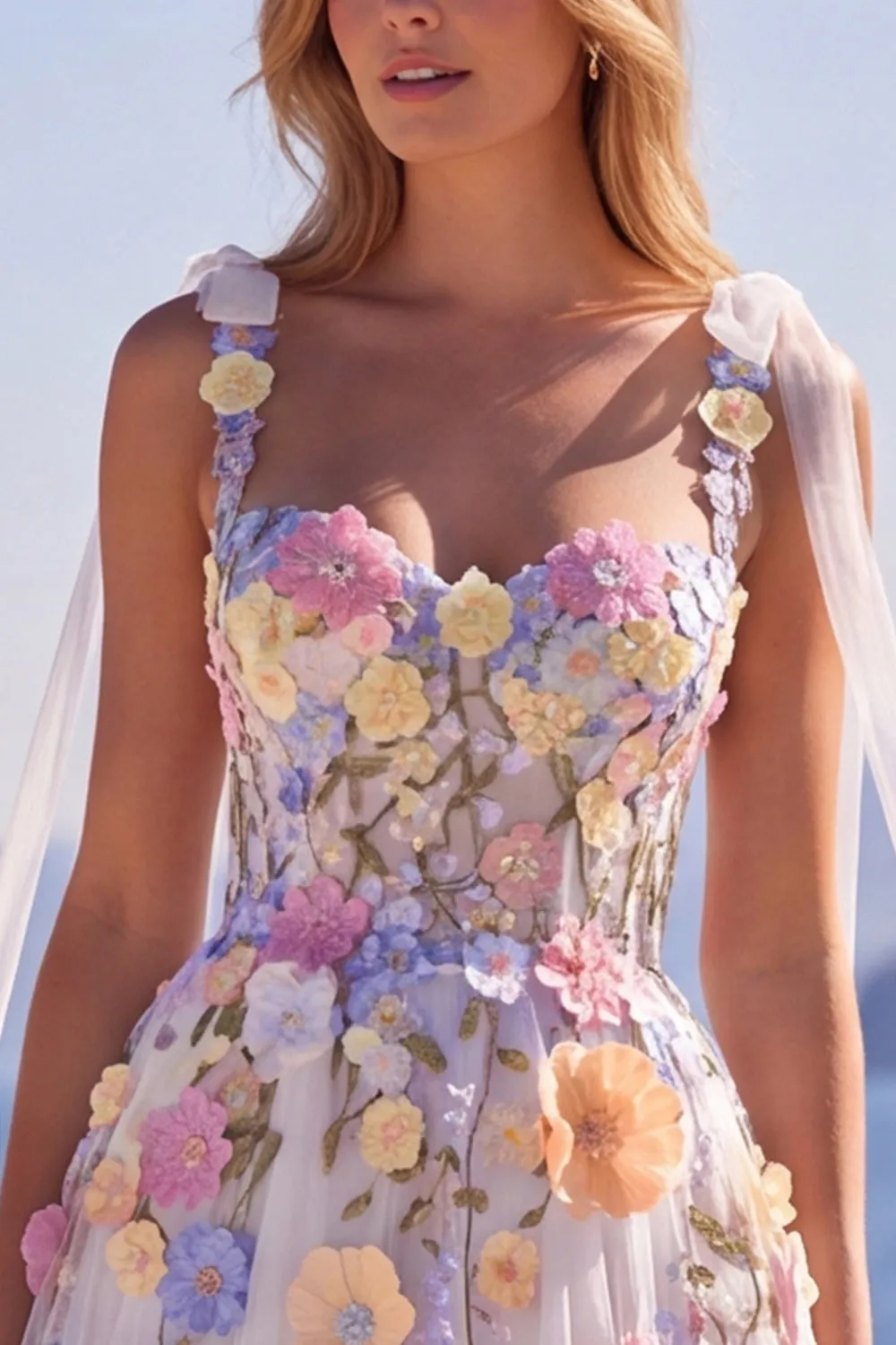 Tulle A-Line Floral White Corset Long Wedding Dress with Appliques sold by Zapaka product image thumbnail 4