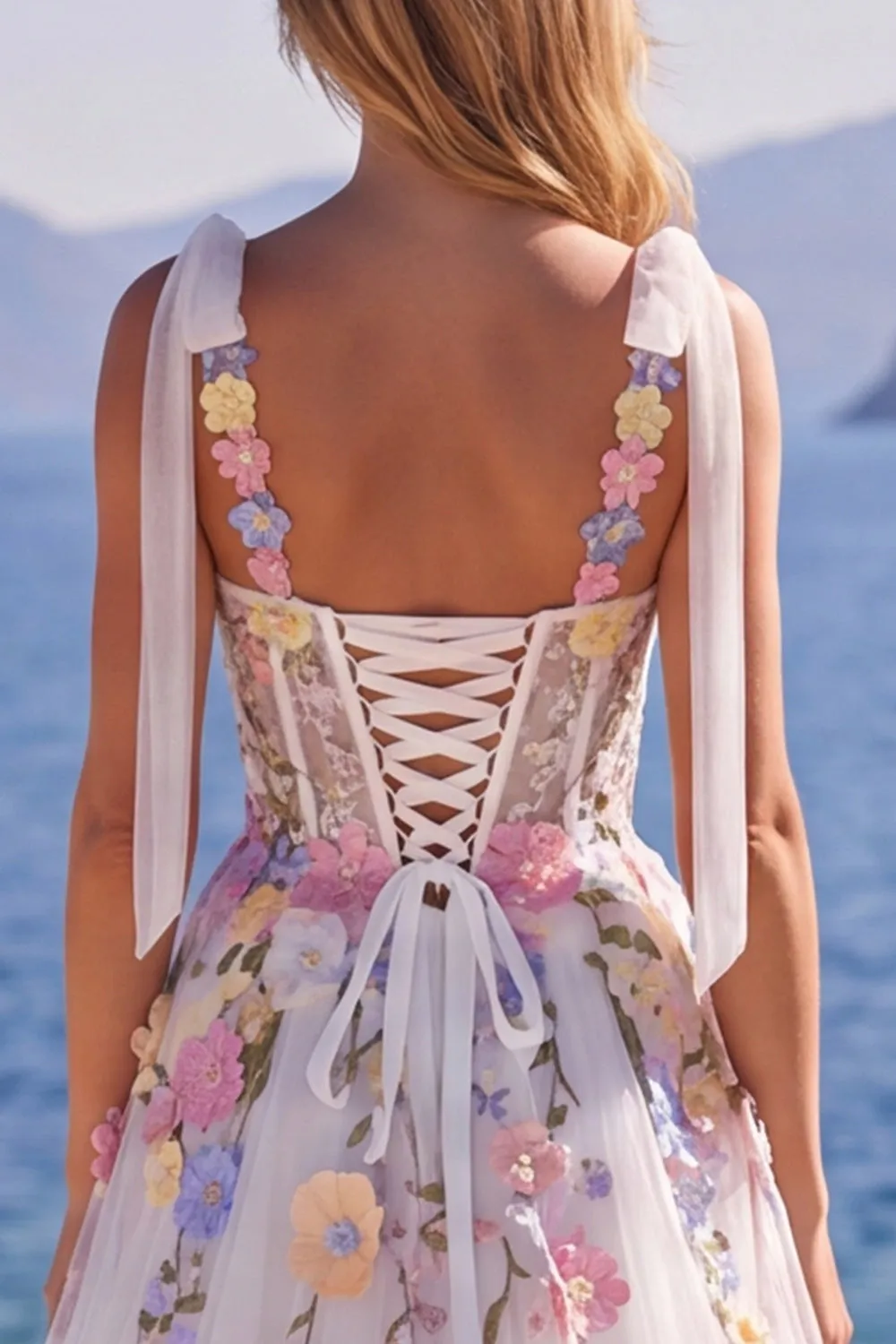 Tulle A-Line Floral White Corset Long Wedding Dress with Appliques sold by Zapaka product image thumbnail 5