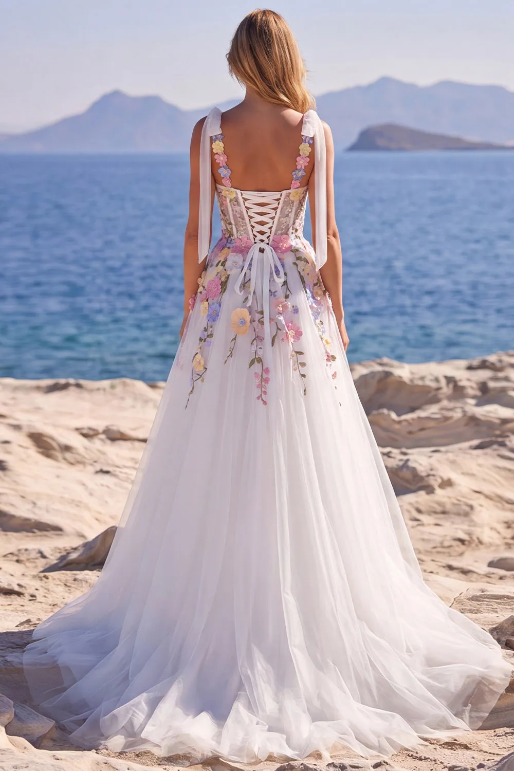 Tulle A-Line Floral White Corset Long Wedding Dress with Appliques sold by Zapaka product image thumbnail 2