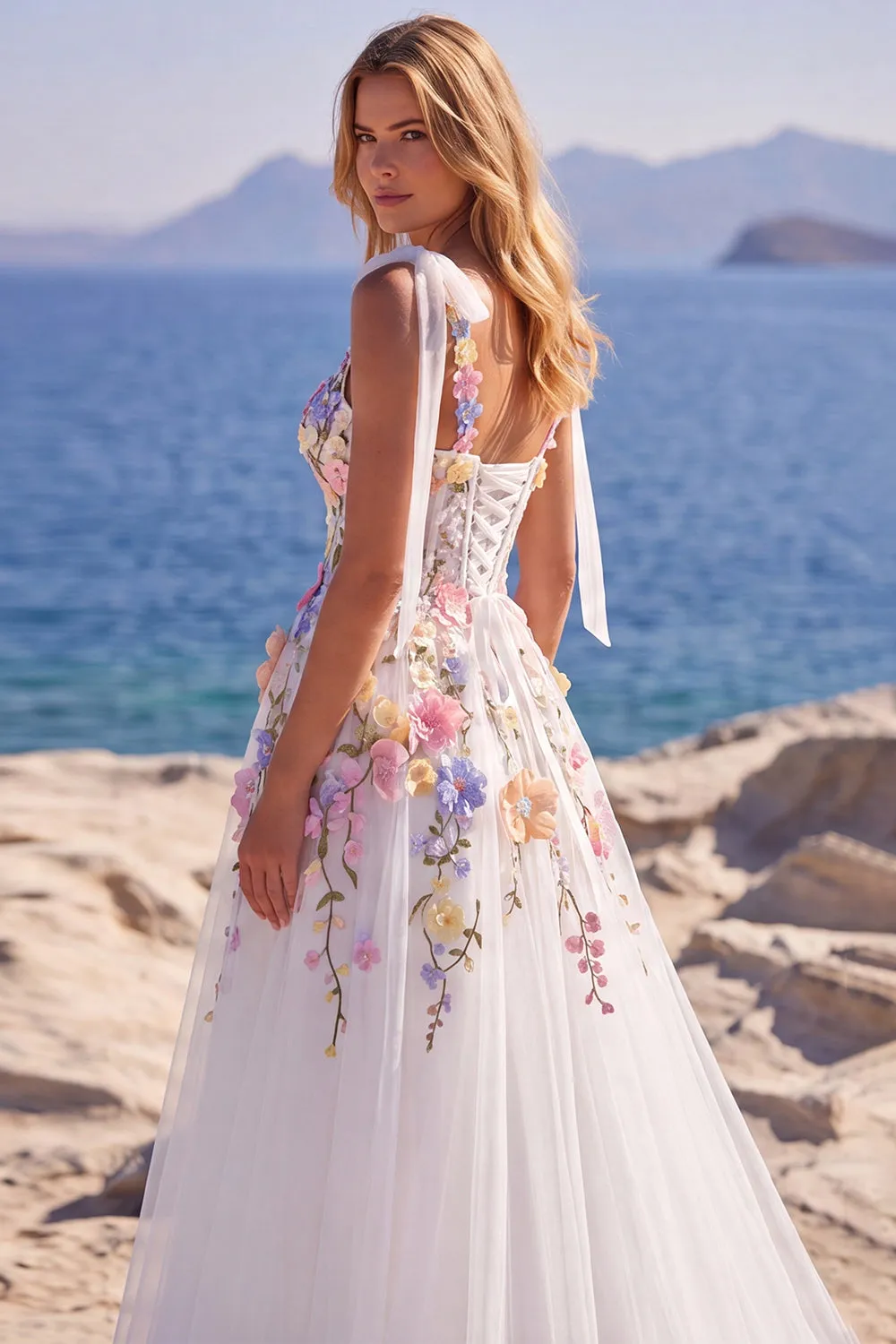 Tulle A-Line Floral White Corset Long Wedding Dress with Appliques sold by Zapaka product image thumbnail 3