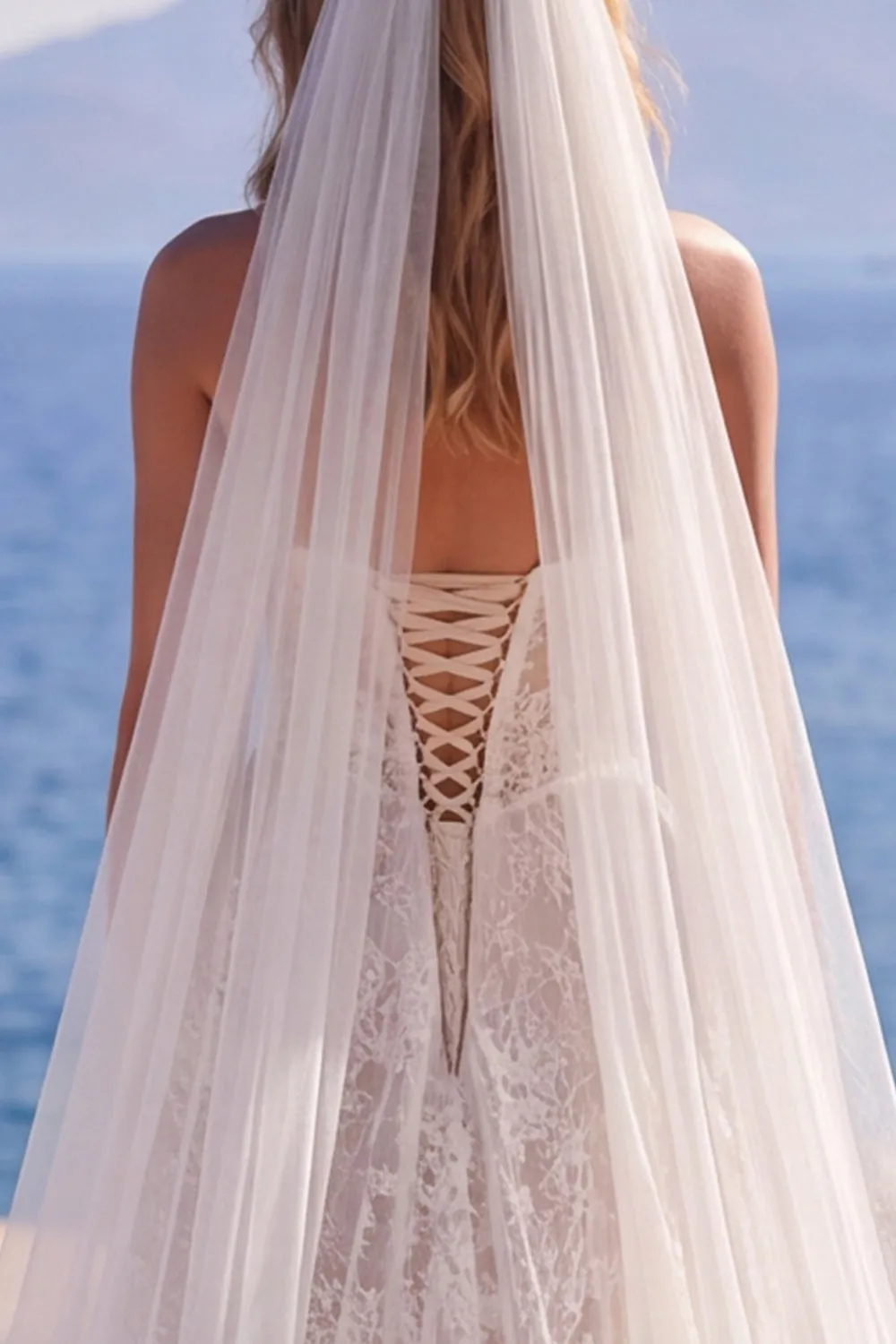 Lace A-Line Strapless White Corset Long Wedding Dress with Veils sold by Zapaka product image thumbnail 5