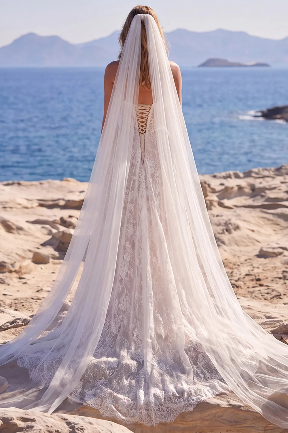 Lace A-Line Strapless White Corset Long Wedding Dress with Veils sold by Zapaka product image thumbnail 2