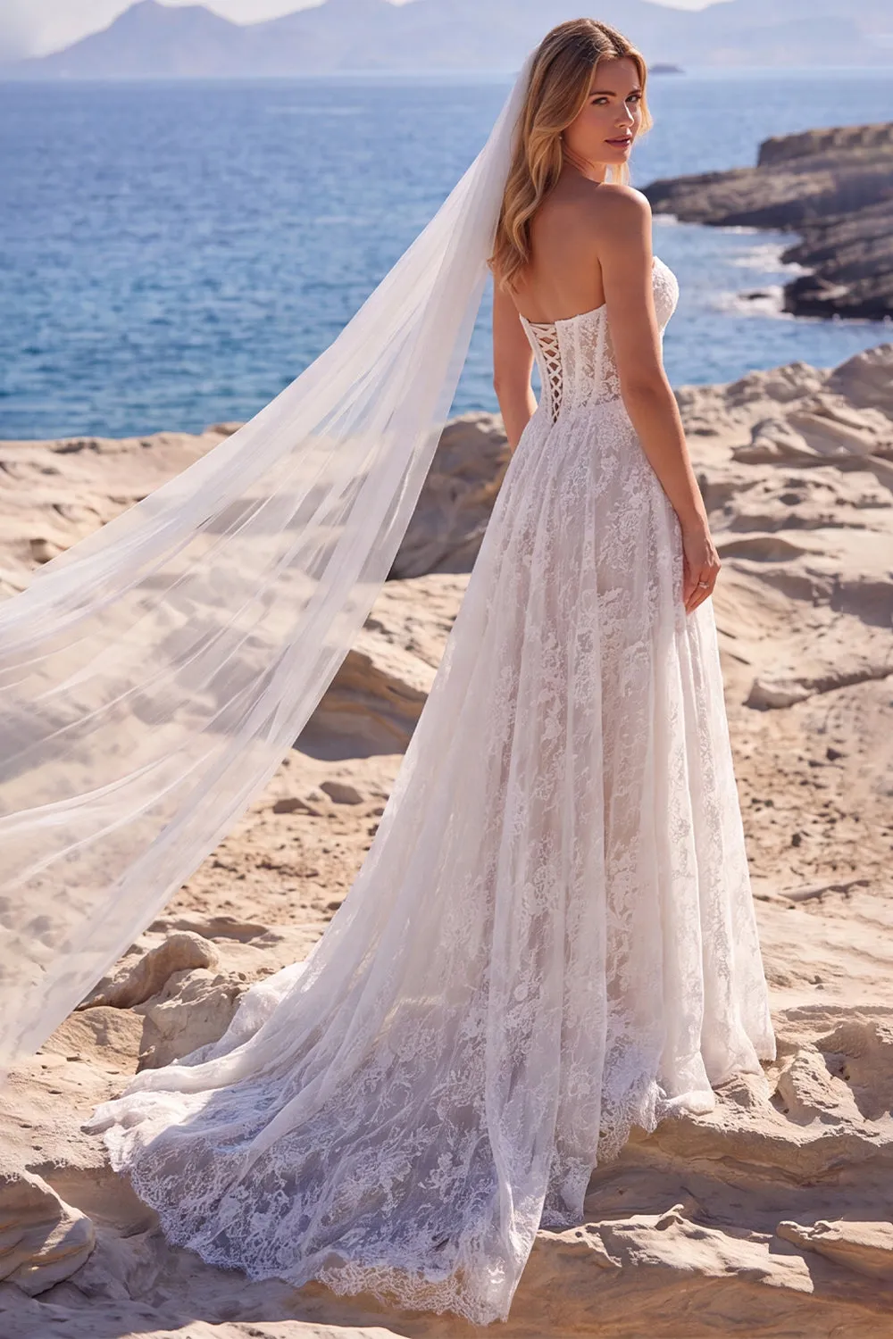 Lace A-Line Strapless White Corset Long Wedding Dress with Veils sold by Zapaka product image thumbnail 3