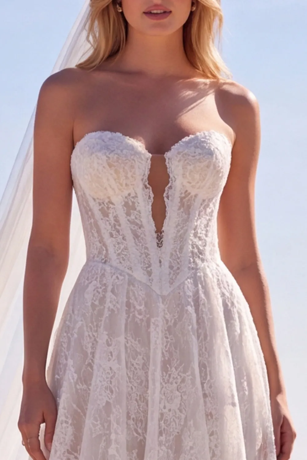 Lace A-Line Strapless White Corset Long Wedding Dress with Veils sold by Zapaka product image thumbnail 4