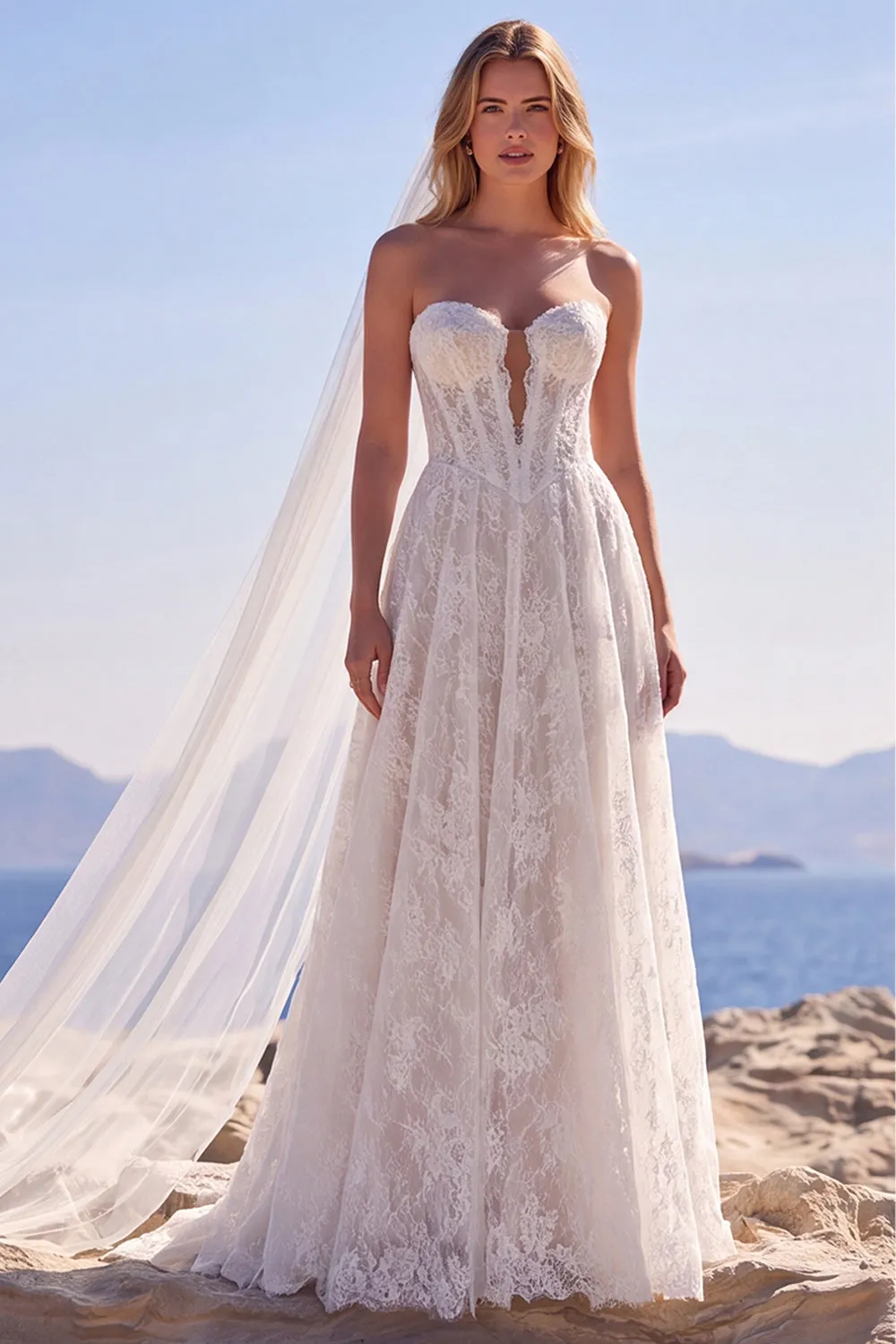 Lace A-Line Strapless White Corset Long Wedding Dress with Veils sold by Zapaka