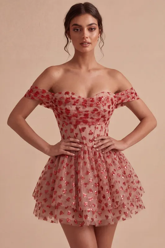 Off the Shoulder Red A-Line Sequins Corset Tiered Ruffled Homecoming Dress made by Zapaka