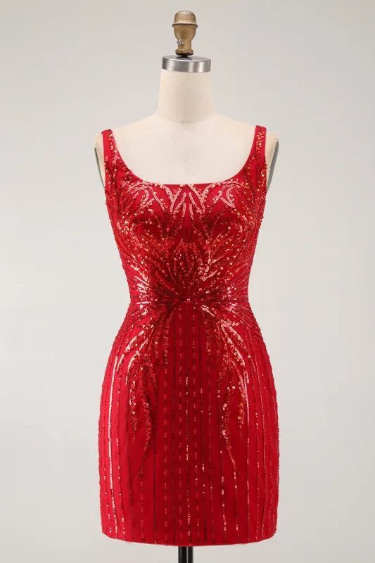 Sparkly Burgundy Bodycon Sequins Square Neck Short Homecoming Dress made by Zapaka