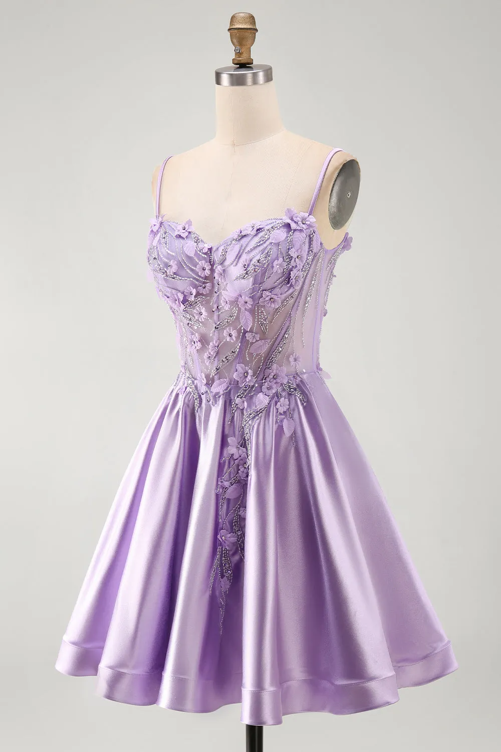 A-Line Lilac Sheer Corset 3D Flowers Beaded Short Homecoming Dress with Ruffles sold by Zapaka product image thumbnail 3