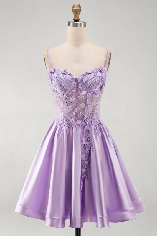 A-Line Lilac Sheer Corset 3D Flowers Beaded Short Homecoming Dress with Ruffles made by Zapaka