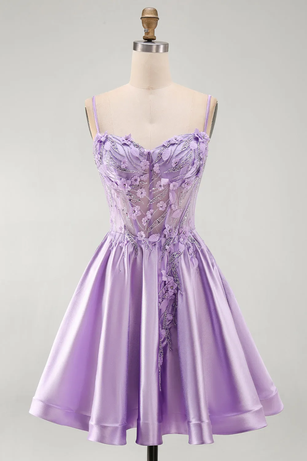 A-Line Lilac Sheer Corset 3D Flowers Beaded Short Homecoming Dress with Ruffles sold by Zapaka