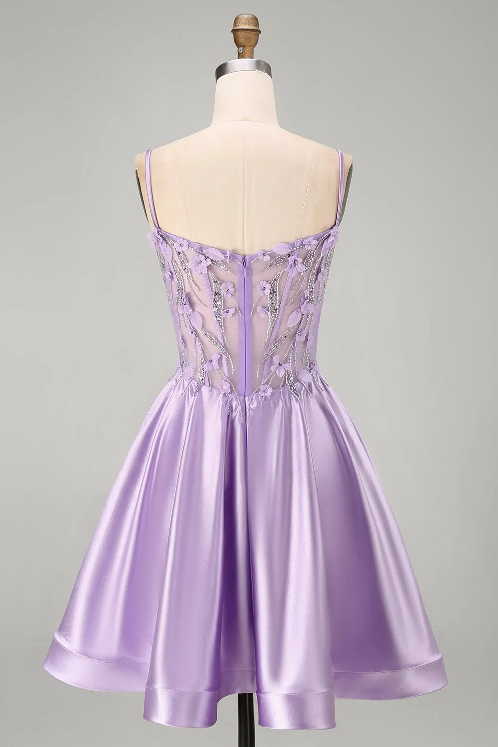 A-Line Lilac Sheer Corset 3D Flowers Beaded Short Homecoming Dress with Ruffles sold by Zapaka product image thumbnail 2