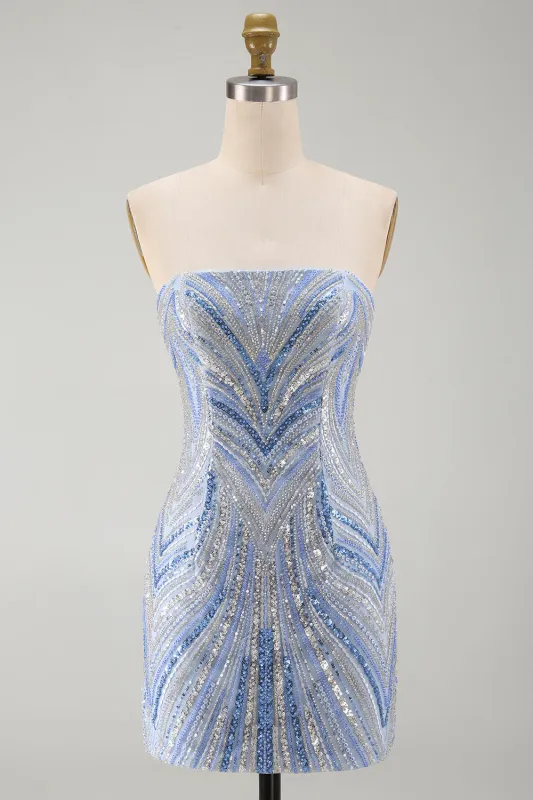 Sparkly Strapless Blue Bodycon Sequins Short Homecoming Dress with Beading made by Zapaka
