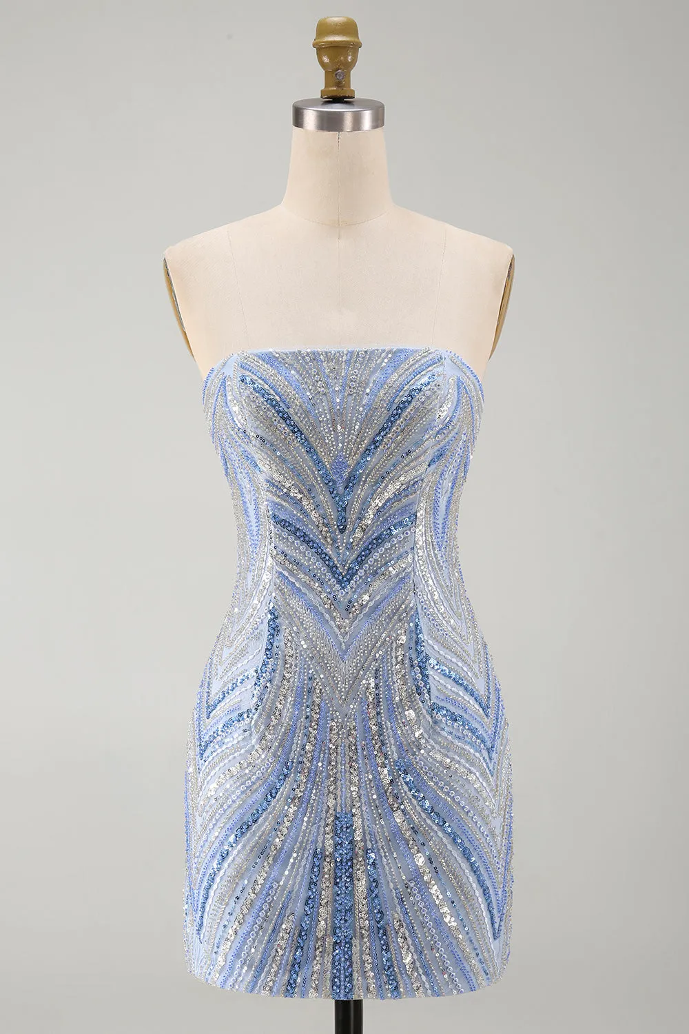 Sparkly Strapless Blue Bodycon Sequins Short Homecoming Dress with Beading sold by Zapaka