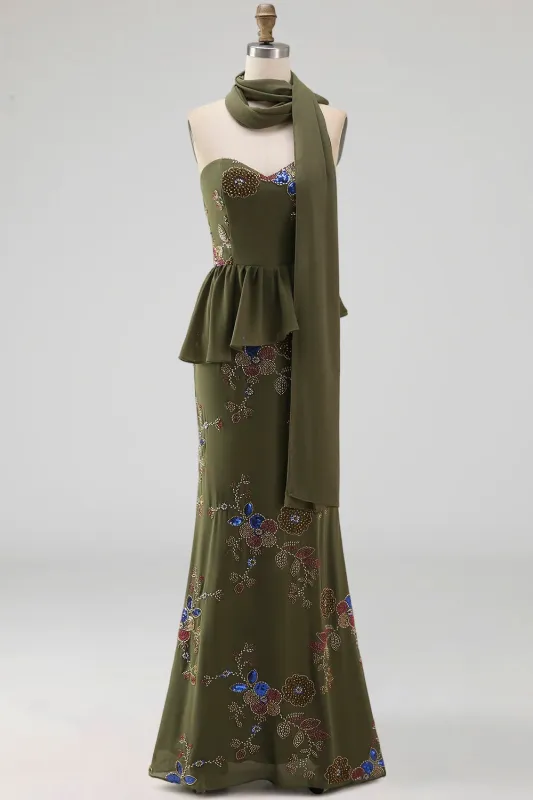 Olive Long Floral Mermaid Strapless Beaded Mother of the Bride Dress with Ruffles made by Zapaka