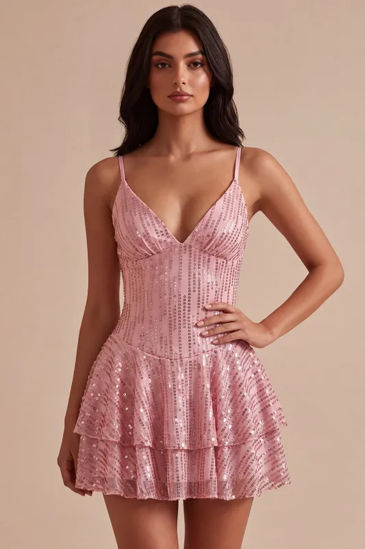 A-Line Pink Tiered Ruffled Sequins Short Homecoming Dress made by Zapaka