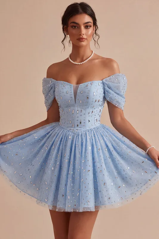 Off the Shoulder Blue A-Line Ruffled Corset Beaded Short Homecoming Dress made by Zapaka