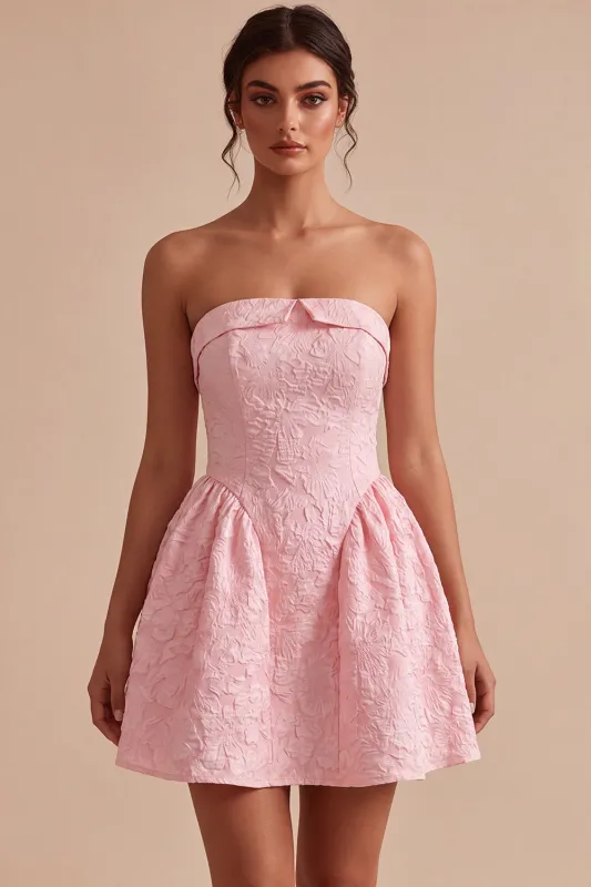 Strapless Pink Jacquard A-Line Ruffled Short Homecoming Dress made by Zapaka
