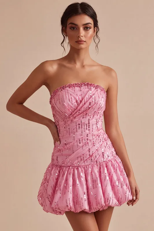 A-Line Pink Strapless Sequins Ruched Bubble Hem Short Homecoming Dress made by Zapaka