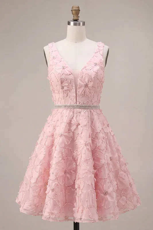 A-Line Pink V-Neck Ruffled Pearls Floral Embroidery Short Homecoming Dress made by Zapaka