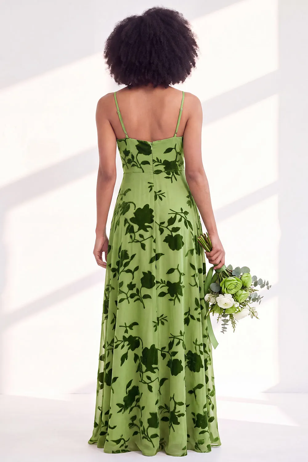 Green A-Line Cowl Floral Velvet Maxi Dress with Slit sold by Zapaka product image thumbnail 2